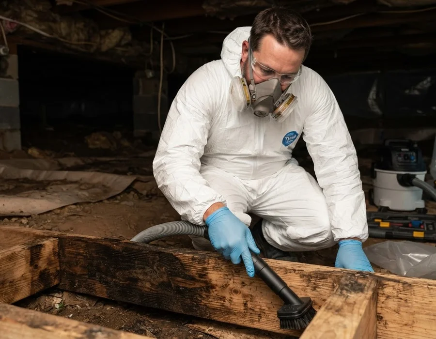 Mold remediation technician in protective gear treating a wall cavity after water damage in Charlotte, NC