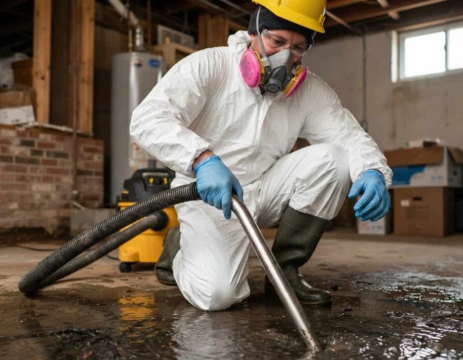 Sewage cleanup crew in PPE disinfecting a contaminated basement floor after a backup