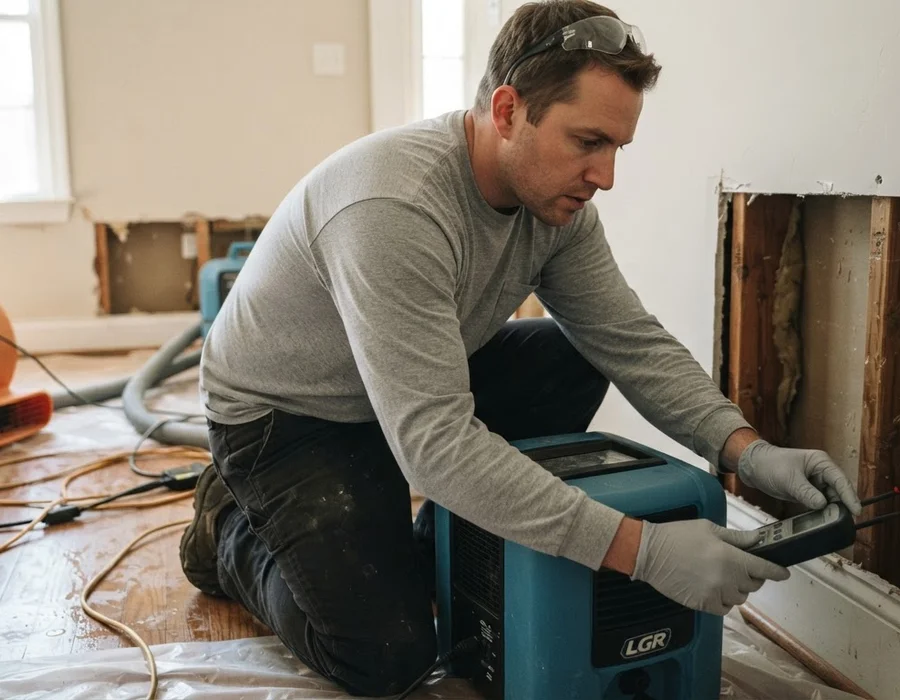 Structural drying equipment with air movers and dehumidifiers drying hardwood floors and wall cavities